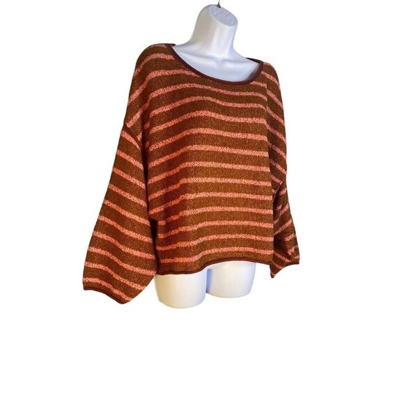 Free People Bardot Stripe Boho Cropped Long Sleeve Sweater Brown Motif Small - Picture 3 of 10
